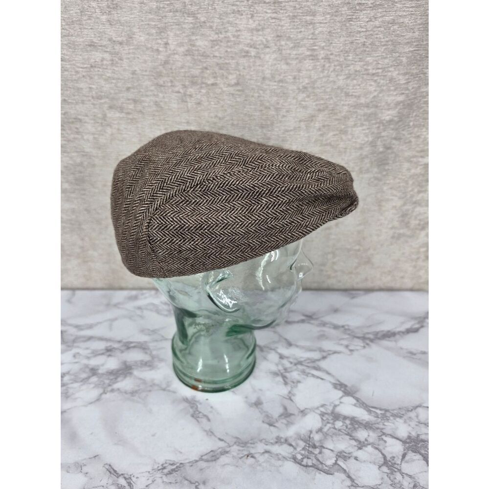 Vintage Brown Herringbone Cabbie Newsboy Flat Cap Hat Wool Blend